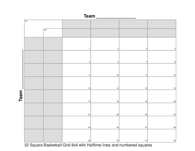 32 Square Basketball Grid 8x4 with Halftime lines and numbered squares