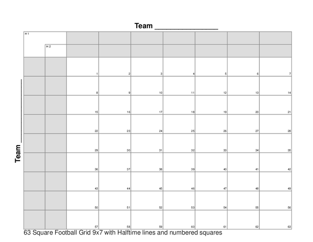 63 Square Football Grid 9x7 with Halftime lines and numbered squares