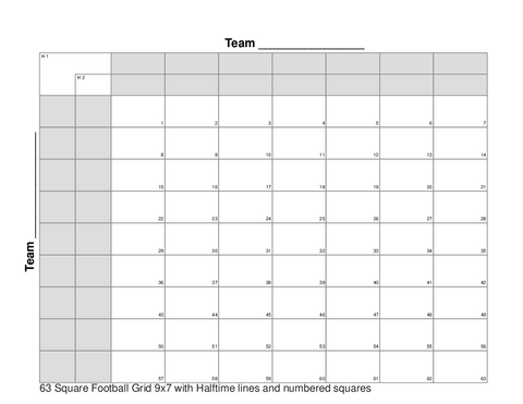63 Square Football Grid 9x7 with Halftime lines and numbered squares