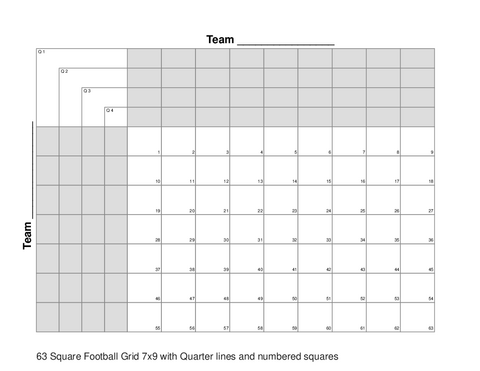 63 Square Football Grid 7x9 with Quarter lines and numbered squares