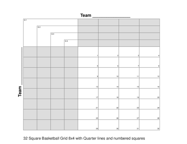 32 Square Basketball Grid 8x4 with Quarter lines and numbered squares
