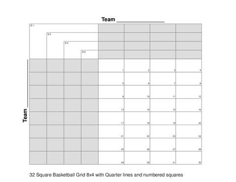 32 Square Basketball Grid 8x4 with Quarter lines and numbered squares
