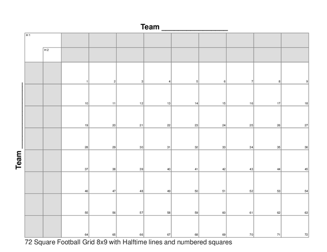 72 Square Football Grid 8x9 with Halftime lines and numbered squares