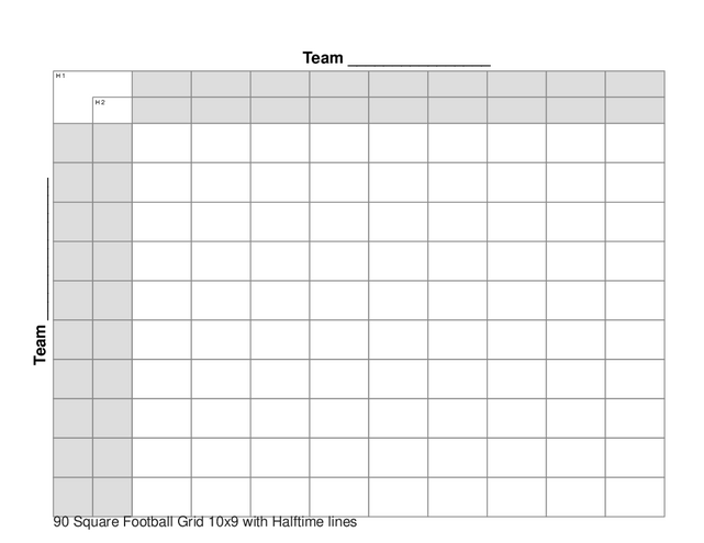 90 Square Football Grid 10x9 with Halftime lines