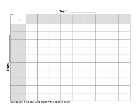 90 Square Football Grid 10x9 with Halftime lines