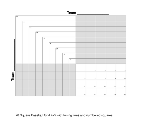 20 Square Baseball Grid 4x5 with Inning lines and numbered squares