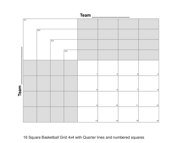 16 Square Basketball Grid 4x4 with Quarter lines and numbered squares