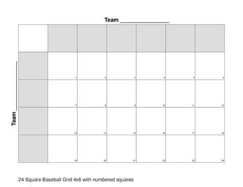 24 Square Baseball Grid 4x6 with numbered squares