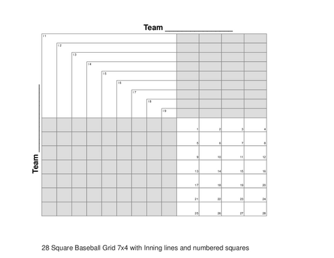 28 Square Baseball Grid 7x4 with Inning lines and numbered squares
