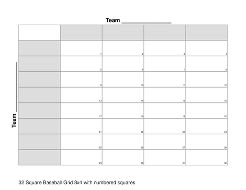 32 Square Baseball Grid 8x4 with numbered squares