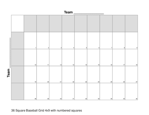 36 Square Baseball Grid 4x9 with numbered squares