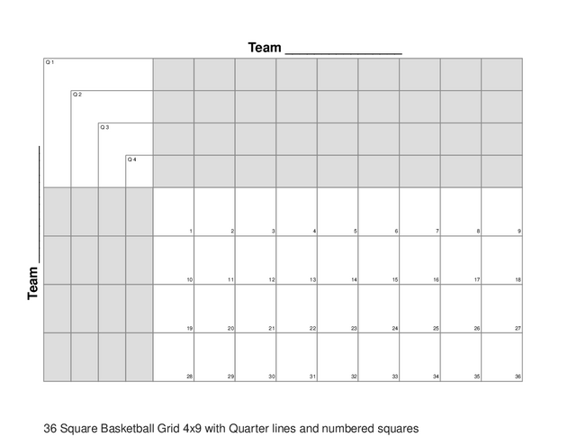 36 Square Basketball Grid 4x9 with Quarter lines and numbered squares
