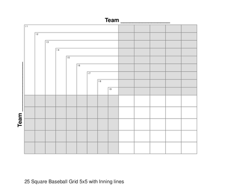 25 Square Baseball Grid 5x5 with Inning lines
