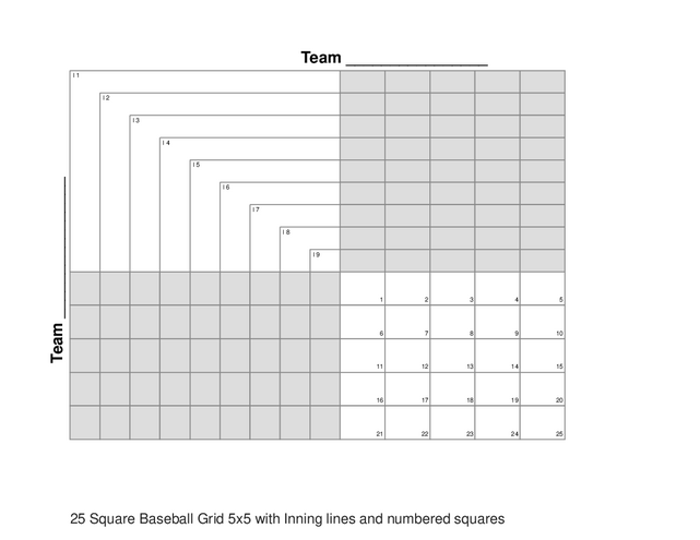 25 Square Baseball Grid 5x5 with Inning lines and numbered squares