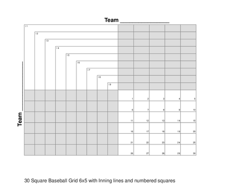 30 Square Baseball Grid 6x5 with Inning lines and numbered squares