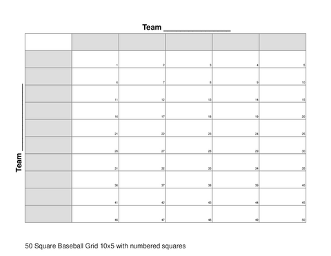 50 Square Baseball Grid 10x5 with numbered squares