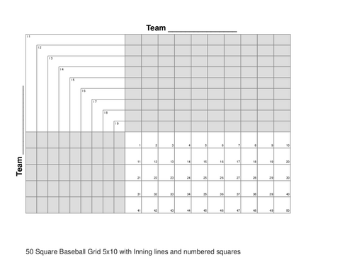 50 Square Baseball Grid 5x10 with Inning lines and numbered squares