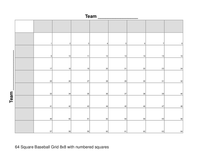 64 Square Baseball Grid 8x8 with numbered squares