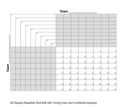 64 Square Baseball Grid 8x8 with Inning lines and numbered squares