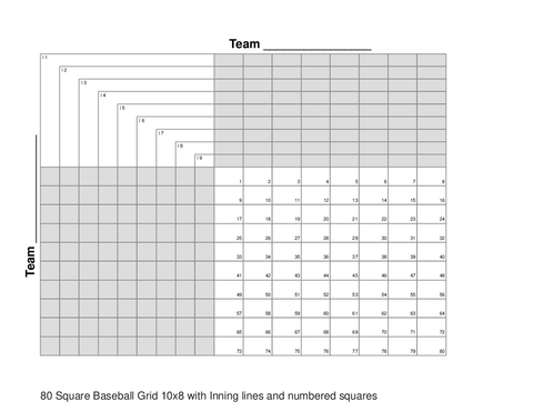 80 Square Baseball Grid 10x8 with Inning lines and numbered squares