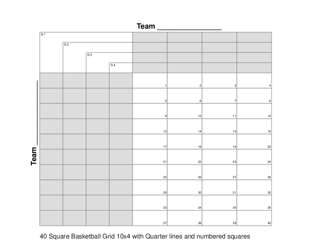 40 Square Basketball Grid 10x4 with Quarter lines and numbered squares