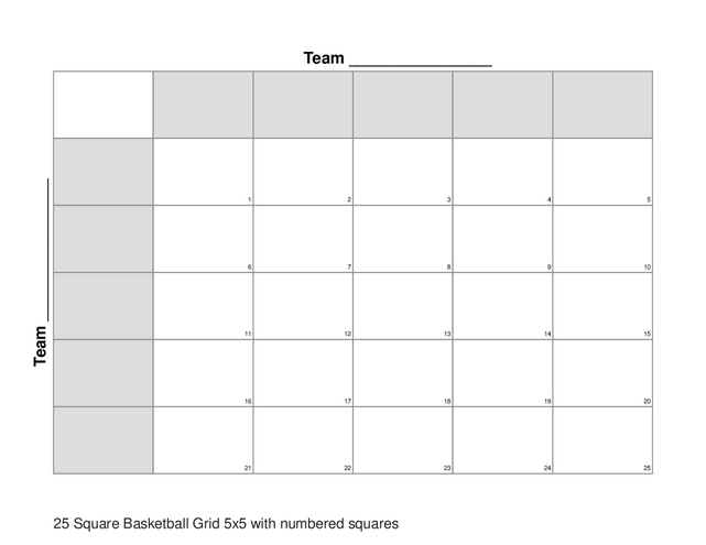 25 Square Basketball Grid 5x5 with numbered squares