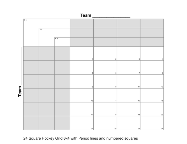 24 Square Hockey Grid 6x4 with Period lines and numbered squares