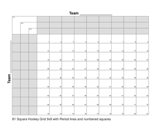 81 Square Hockey Grid 9x9 with Period lines and numbered squares